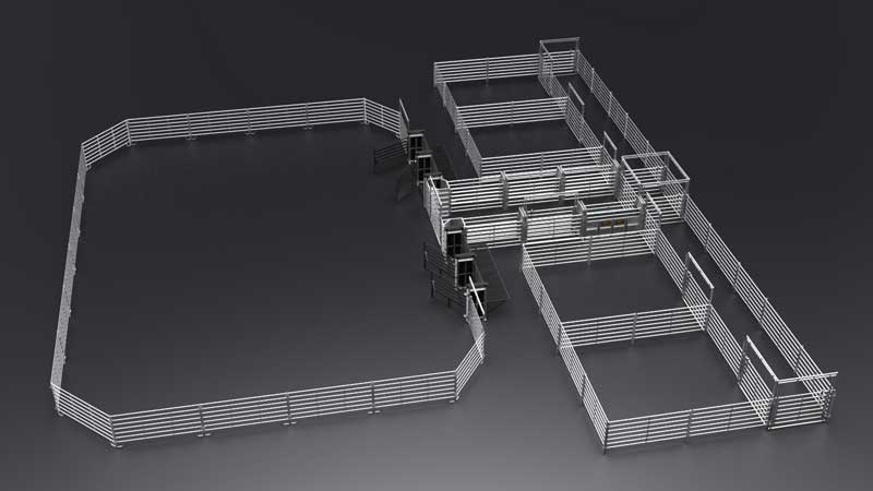 Bucking and rough stock arena with chutes, pens and alleys