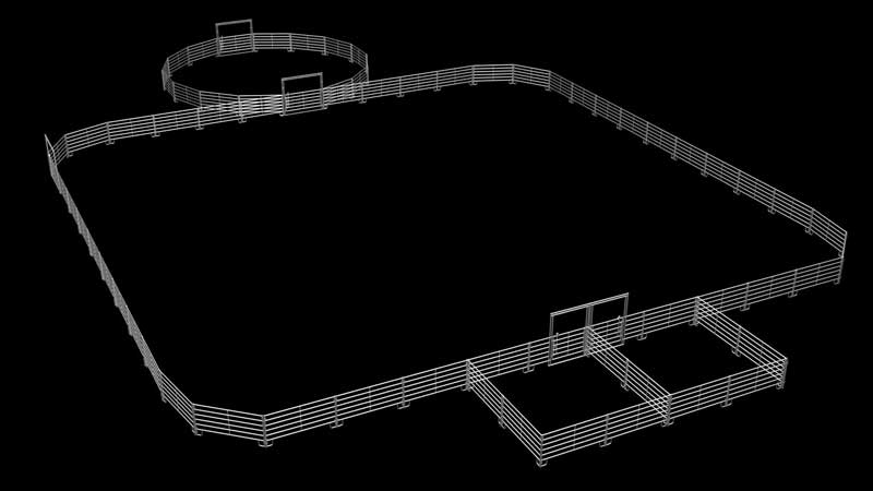 Cutting arena with working arena, holding pens and round pen