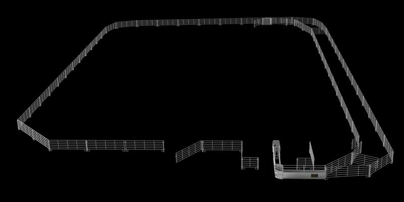 Team roping arena layout with roping chute, boxes and return alley