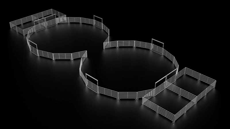 Ranch sorting arena with sorting pens, holding pens and gates